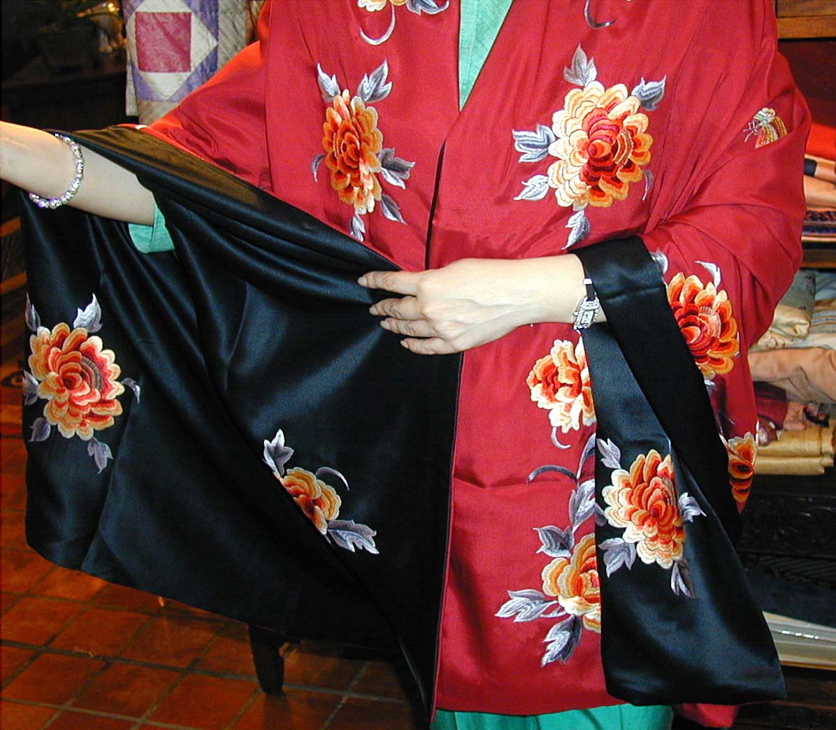 S12 Silk shawl embroidered with peony & butterfly